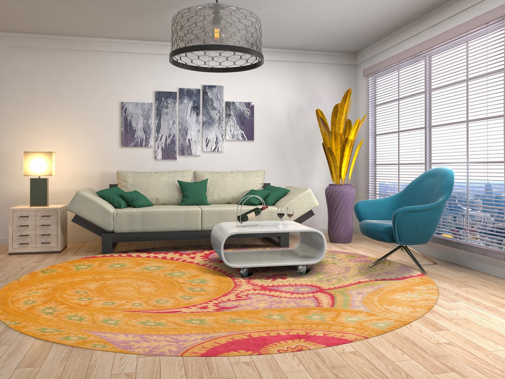 Timeless Elena Orange Hand Tufted Wool Rug nestled under a modern coffee table, its warm orange hues and hand-tufted texture adding a cozy, inviting feel to the living room.