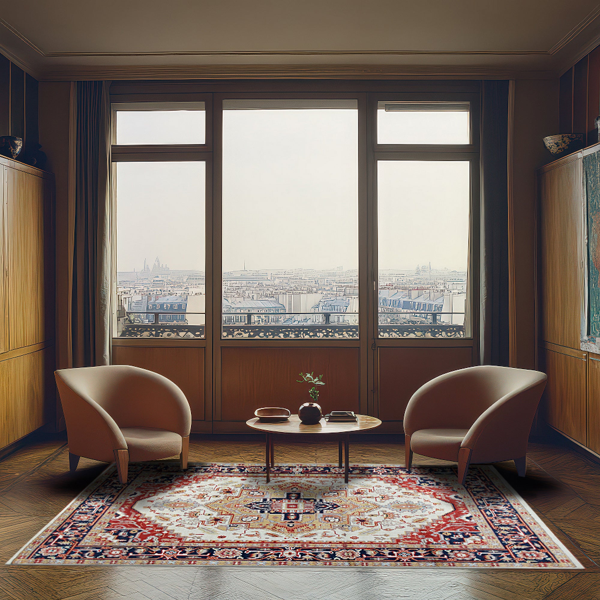 Classic Elegant Blue Hand-Knotted Wool Rug, its intricate floral pattern unfolding across a rich blue field, seen in a well-lit living room setting.