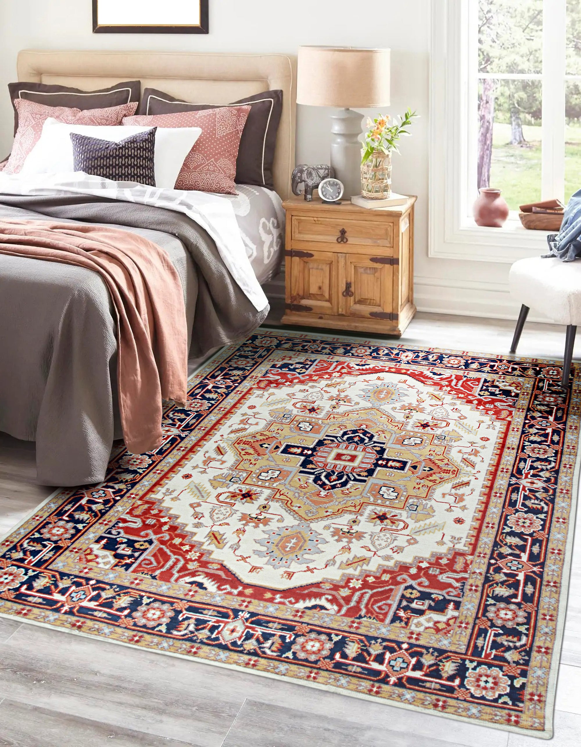 Classic Elegant Blue Hand-Knotted Wool Rug displayed in a living room setting. Subtle patterns emerge from the rug's blue wool fibers, grounding the space with sophisticated warmth and intricate hand-knotted details.