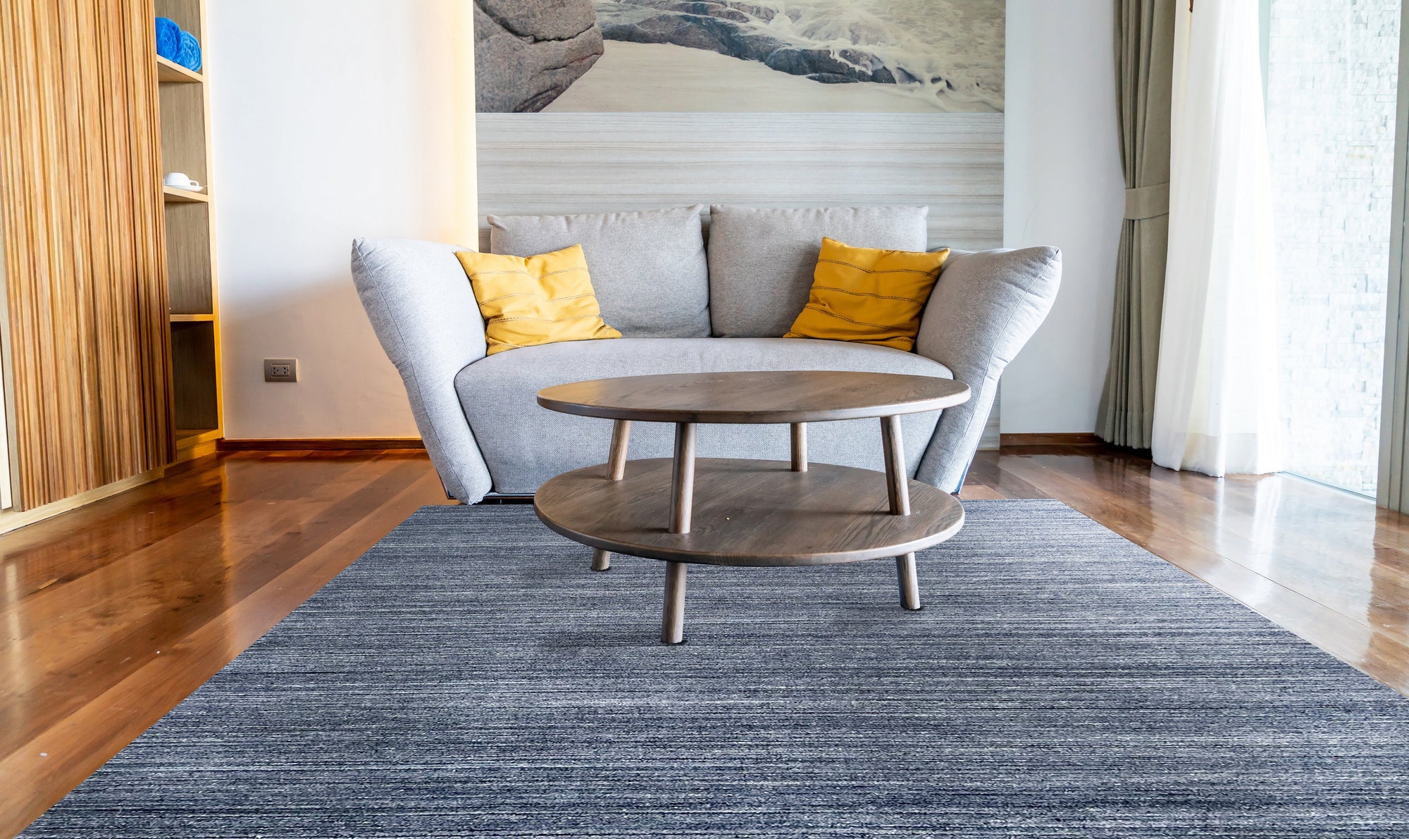 Delicate Striped Charcoal Handmade Wool Rug, its soft charcoal and light stripes creating a subtle rhythm across the handwoven wool.