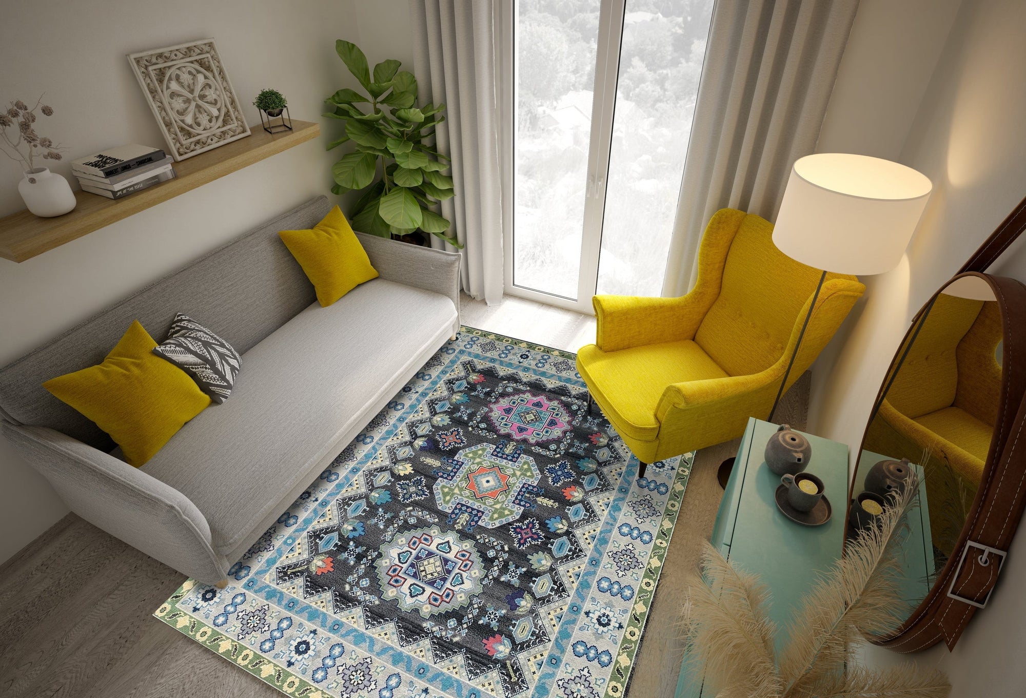 Maya Kazak Charcoal Hand Knotted Wool Rug, a richly textured, charcoal-toned wool rug with a traditional Kazak design, grounding a contemporary living space with warmth and geometric artistry.