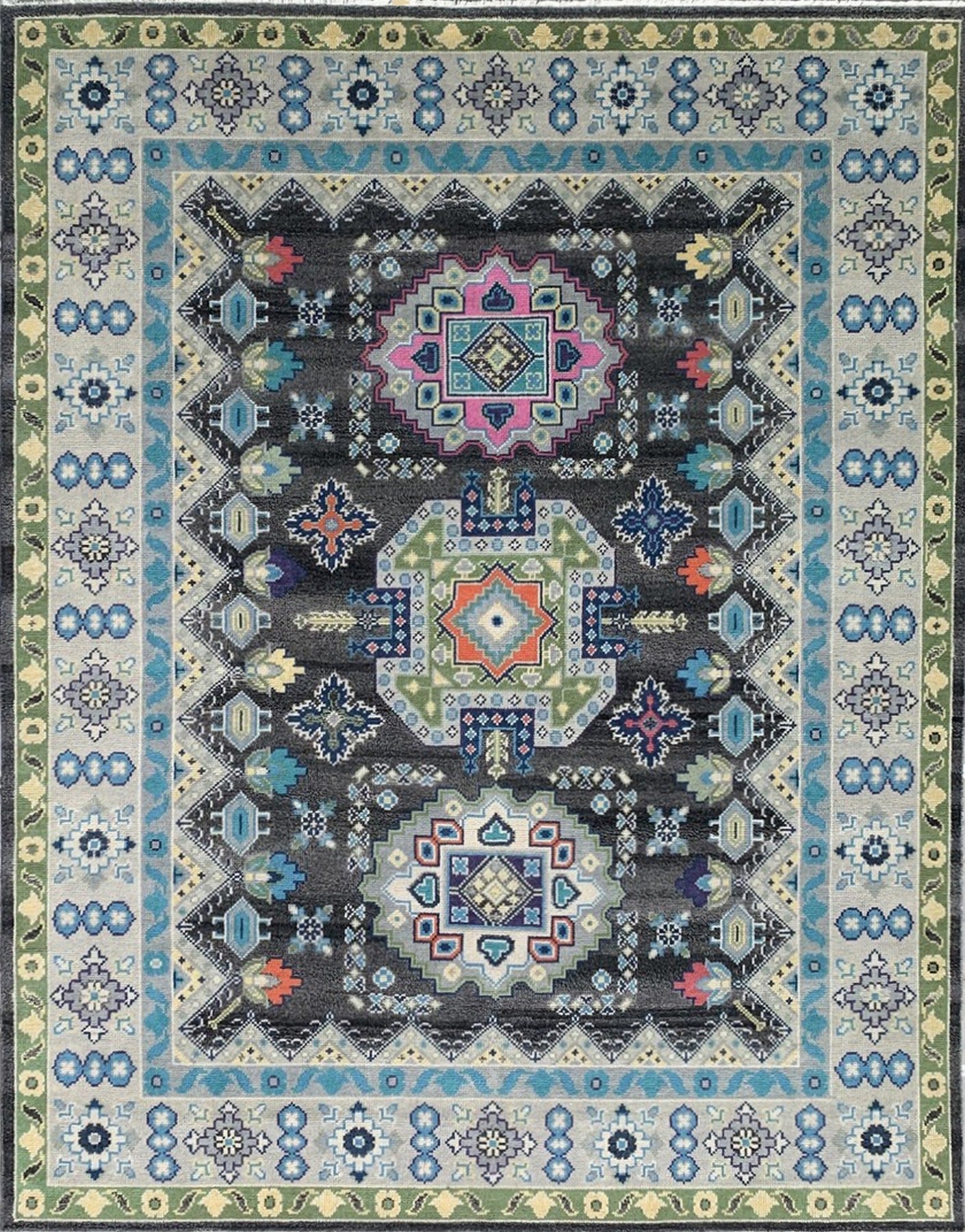 Isolated view of Maya Kazak Charcoal Hand Knotted Wool Rug, showcasing its intricate geometric design and subtle variations in charcoal wool.