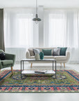 Ava Kazak Light Green Hand Knotted Wool Rug, featuring a traditional Kazak design in soft light green tones, displayed on a polished hardwood floor.