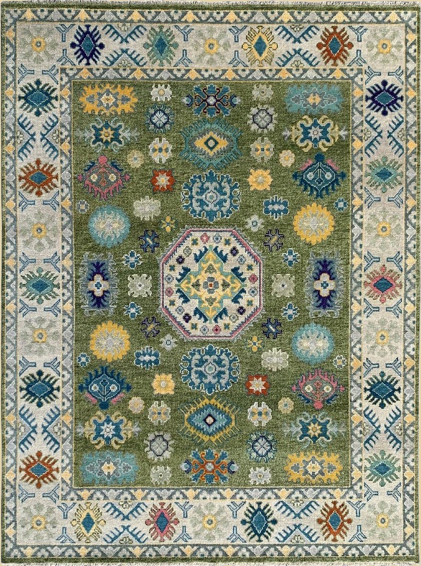 Isolated view of Inviting Kazak Light Green Hand Knotted Wool Rug, showcasing its intricate geometric design.