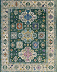 Isolated view of Isla Kazak Green Hand Knotted Wool Rug, showcasing its intricate Kazak-inspired geometric design and lush green hues.