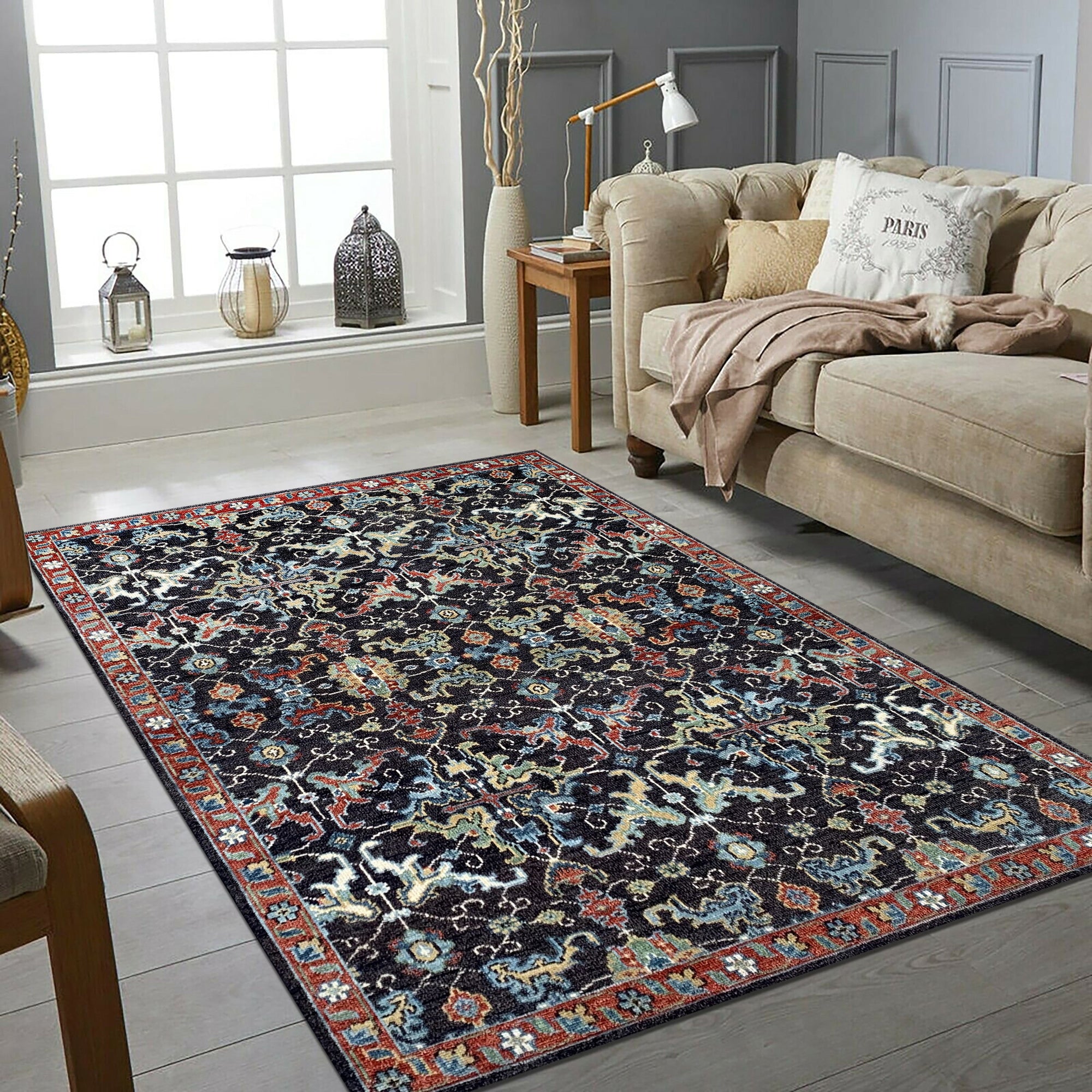 Delicate Oriental Brown Hand Knotted Wool Rug graces a warmly lit interior. Detailed traditional patterns unfold across the brown wool, showcasing the intricate hand-knotted construction.