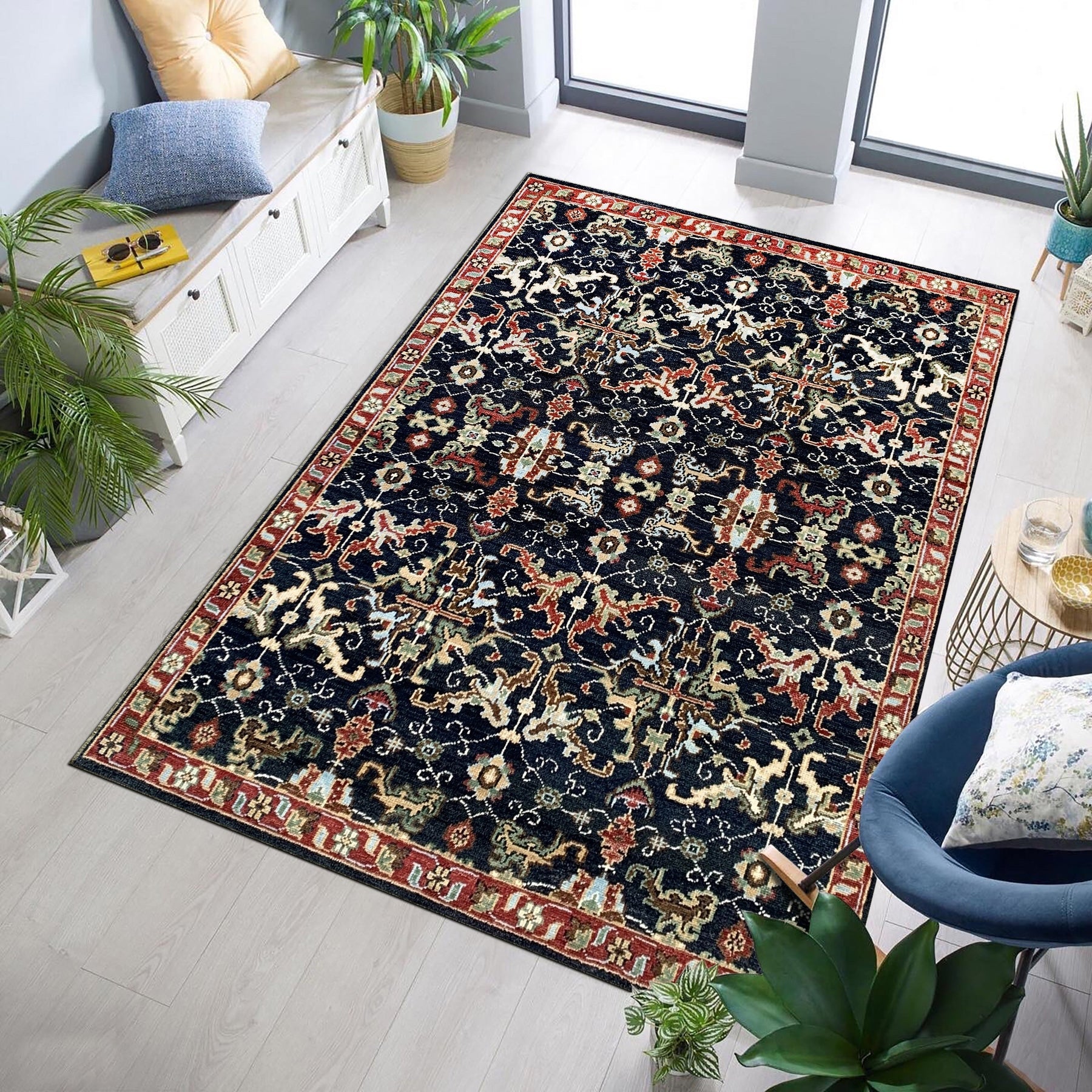 Chloe Oriental Navy Hand Knotted Wool Rug, a navy wool rug hand-knotted with intricate oriental patterns, displayed to showcase its texture and design.
