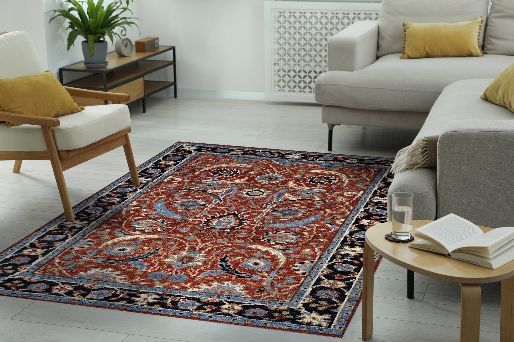 Rustic Oriental Red Hand Knotted Wool Rug, with a rich crimson hue and intricate traditional motifs, displayed on a hardwood floor, inviting warmth and classic style into the room.
