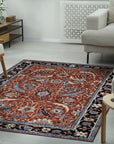 Rustic Oriental Red Hand Knotted Wool Rug, with a rich crimson hue and intricate traditional motifs, displayed on a hardwood floor, inviting warmth and classic style into the room.