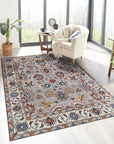 Enchanting Oriental Gray Hand Knotted Wool Rug, a textured wool rug with a traditional oriental pattern in varying shades of gray, laid on a light wooden floor.