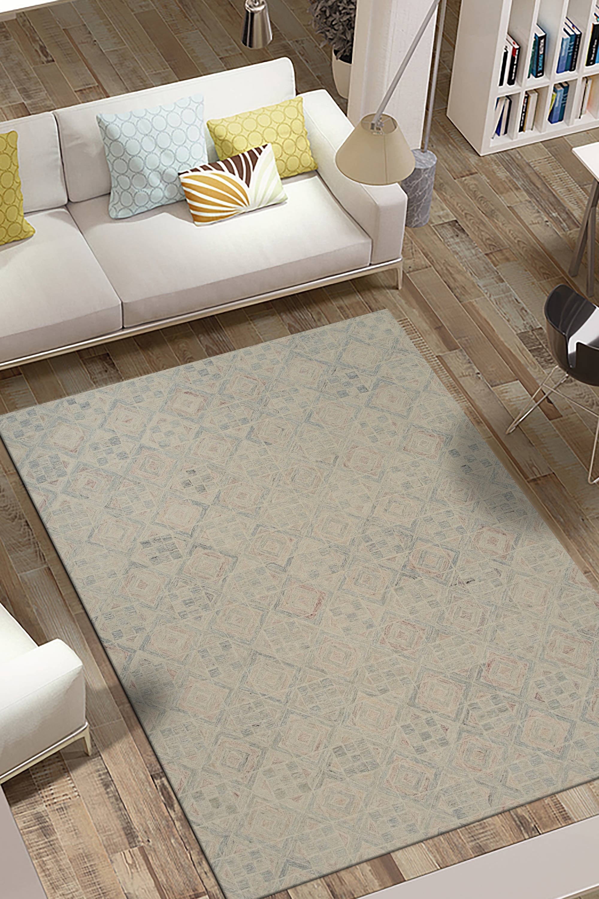 Amara Nina Multicolor Hand Tufted Wool Rug, vibrant patterns dance across a soft wool surface, adding warmth and artistic flair to a modern living space.