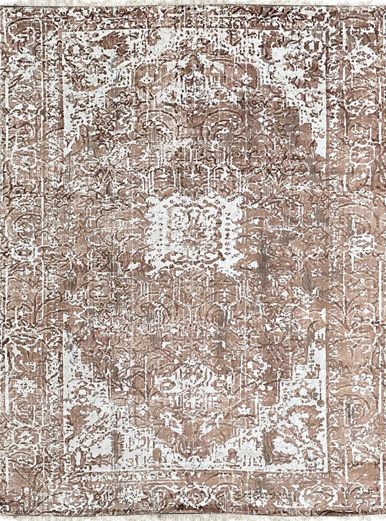 Isolated view of Elegant Versatile Coral Hand Knotted Wool Rug, showcasing its intricate hand-knotted wool construction and subtle coral hues.