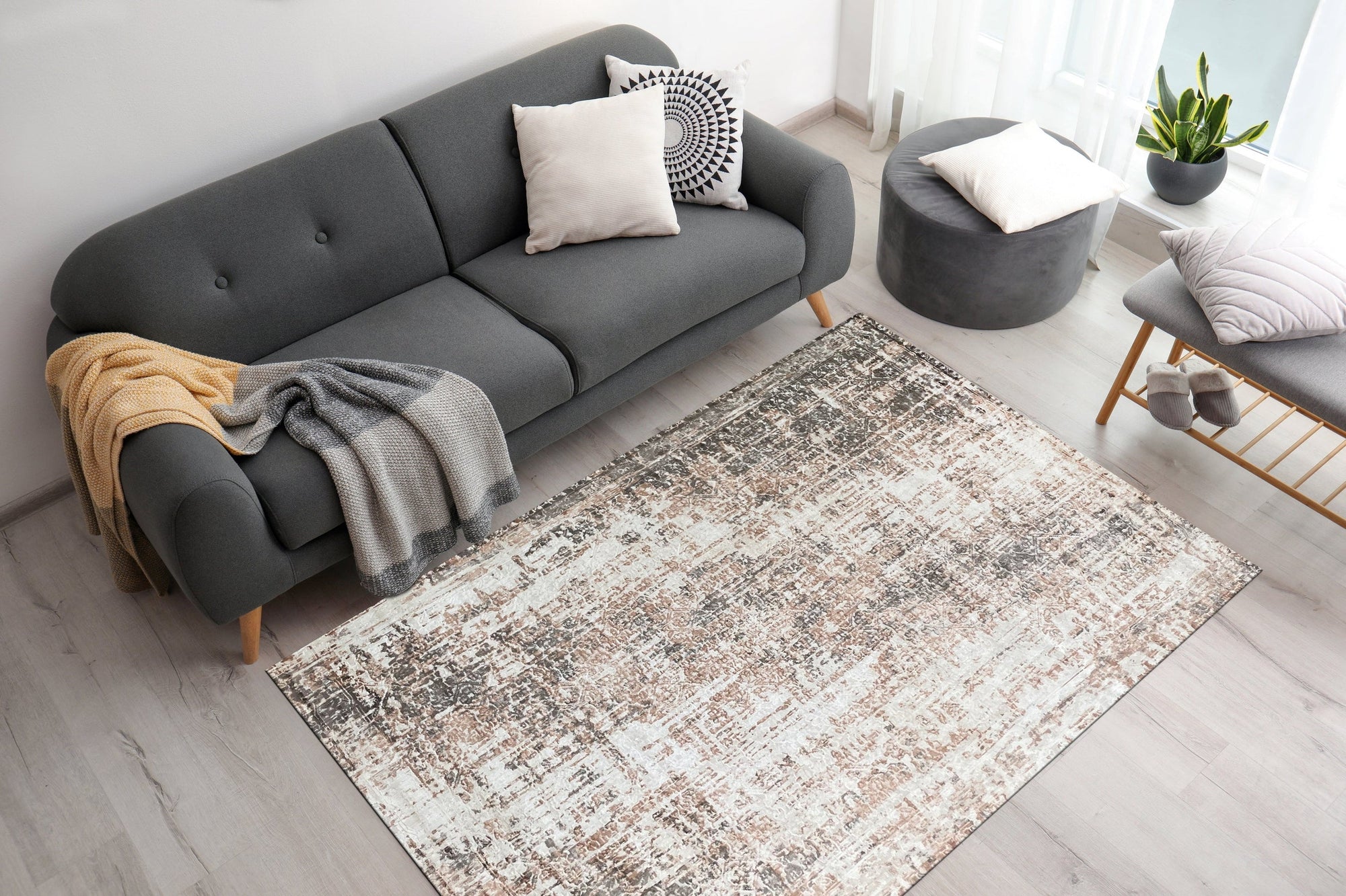 Brenda Isla Coral Hand Knotted Wool Rug, its intricate design rendered in warm coral hues, anchors a sun-drenched living room with hardwood floors and neutral furniture, suggesting comfortable sophistication.