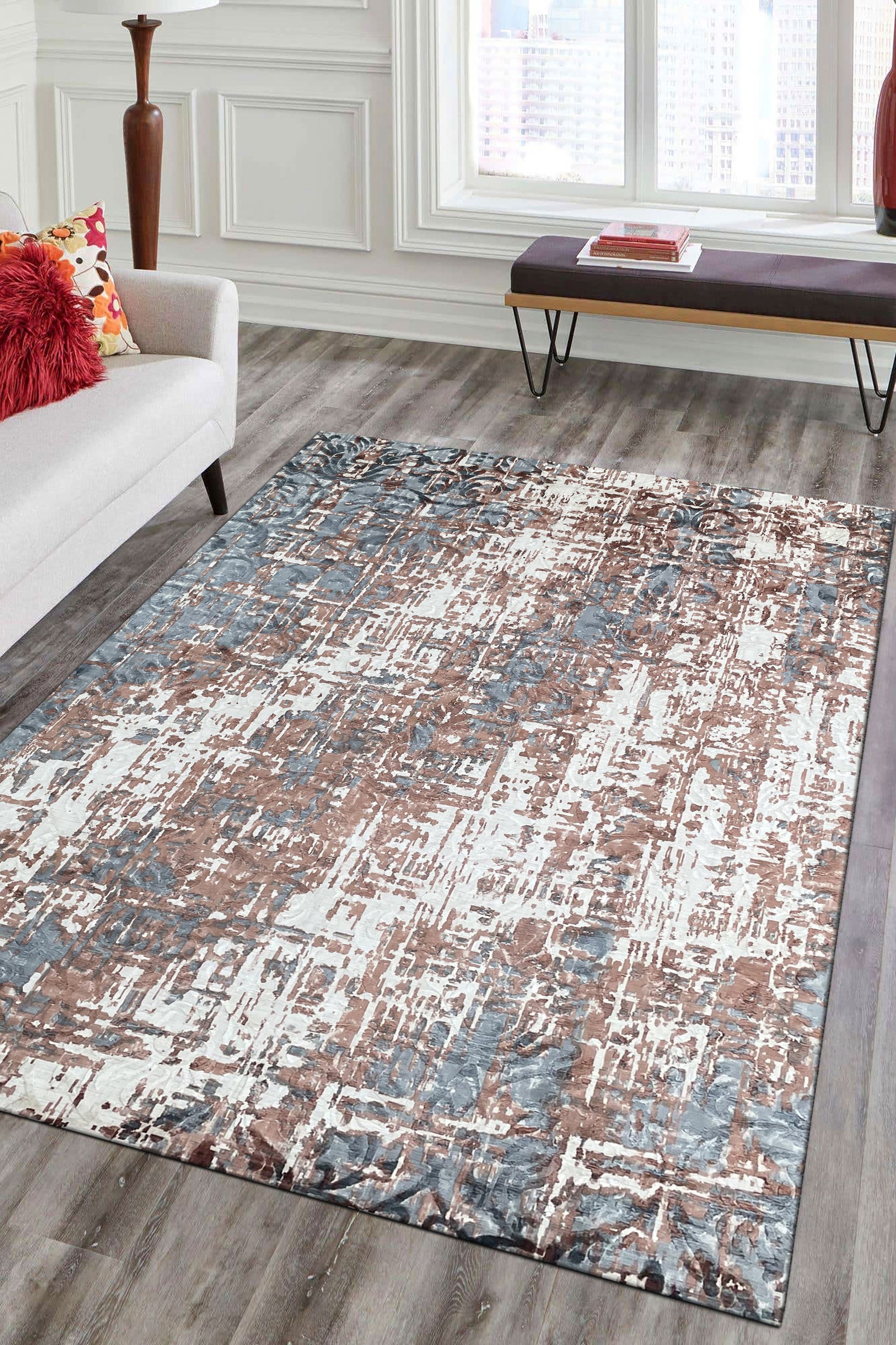 Charming Modern Coral Hand Knotted Wool Rug, a coral-toned hand-knotted wool rug with subtle geometric patterns, displayed in a bright, contemporary living room setting.