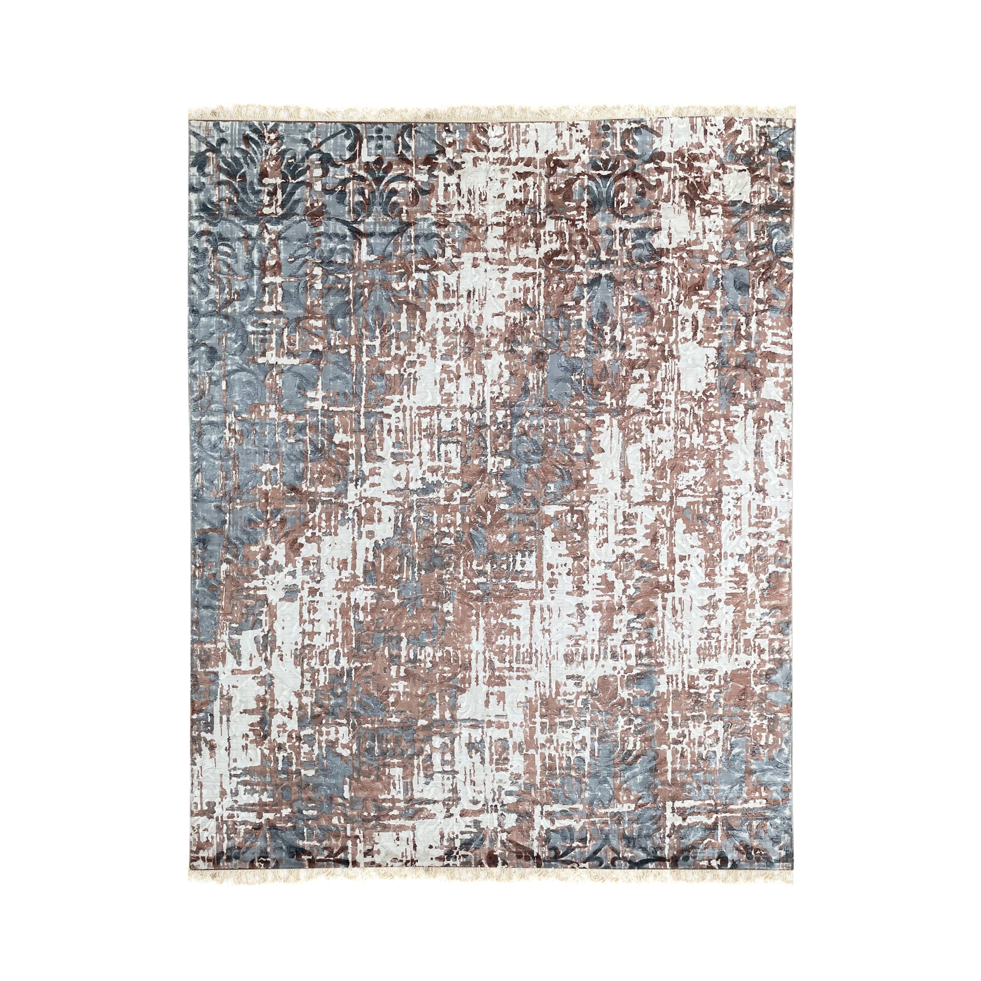 Charming Modern Coral Hand Knotted Wool Rug, a vibrant coral hand-knotted wool rug with a modern design, lies elegantly on a light wood floor in a well-lit room.