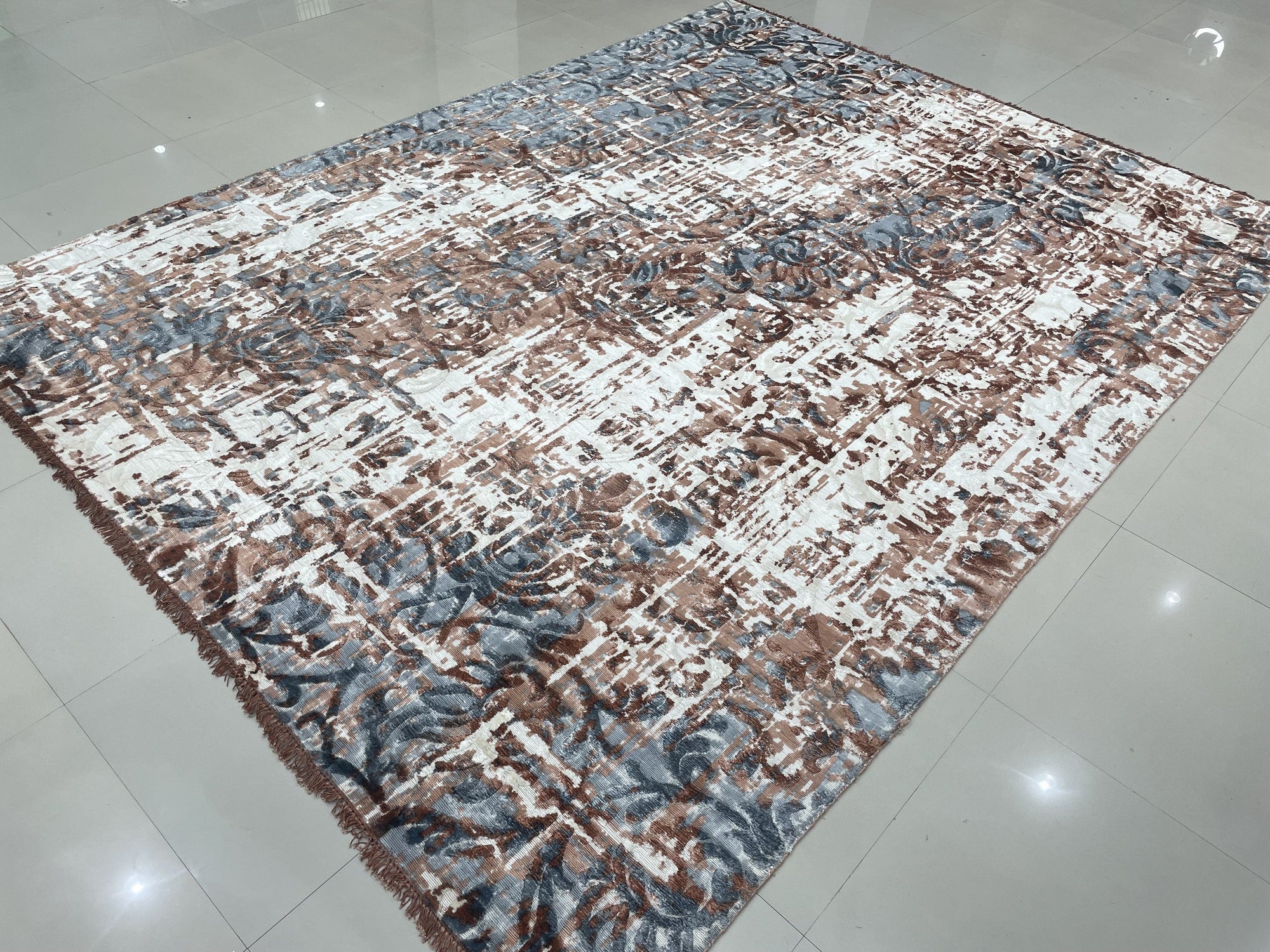 Charming Modern Coral Hand Knotted Wool Rug, soft coral hues and subtle modern design details come alive in a detail shot highlighting the hand-knotted construction and wool texture.