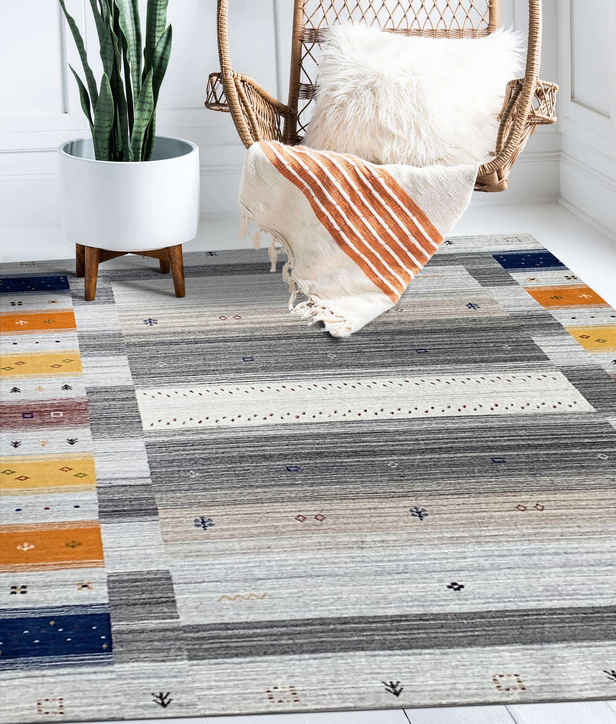 Classic Gabbeh Multicolor Hand Knotted Wool Rug, vibrant hues dance across hand-knotted wool, showcasing a traditional Gabbeh design in a modern living room setting.