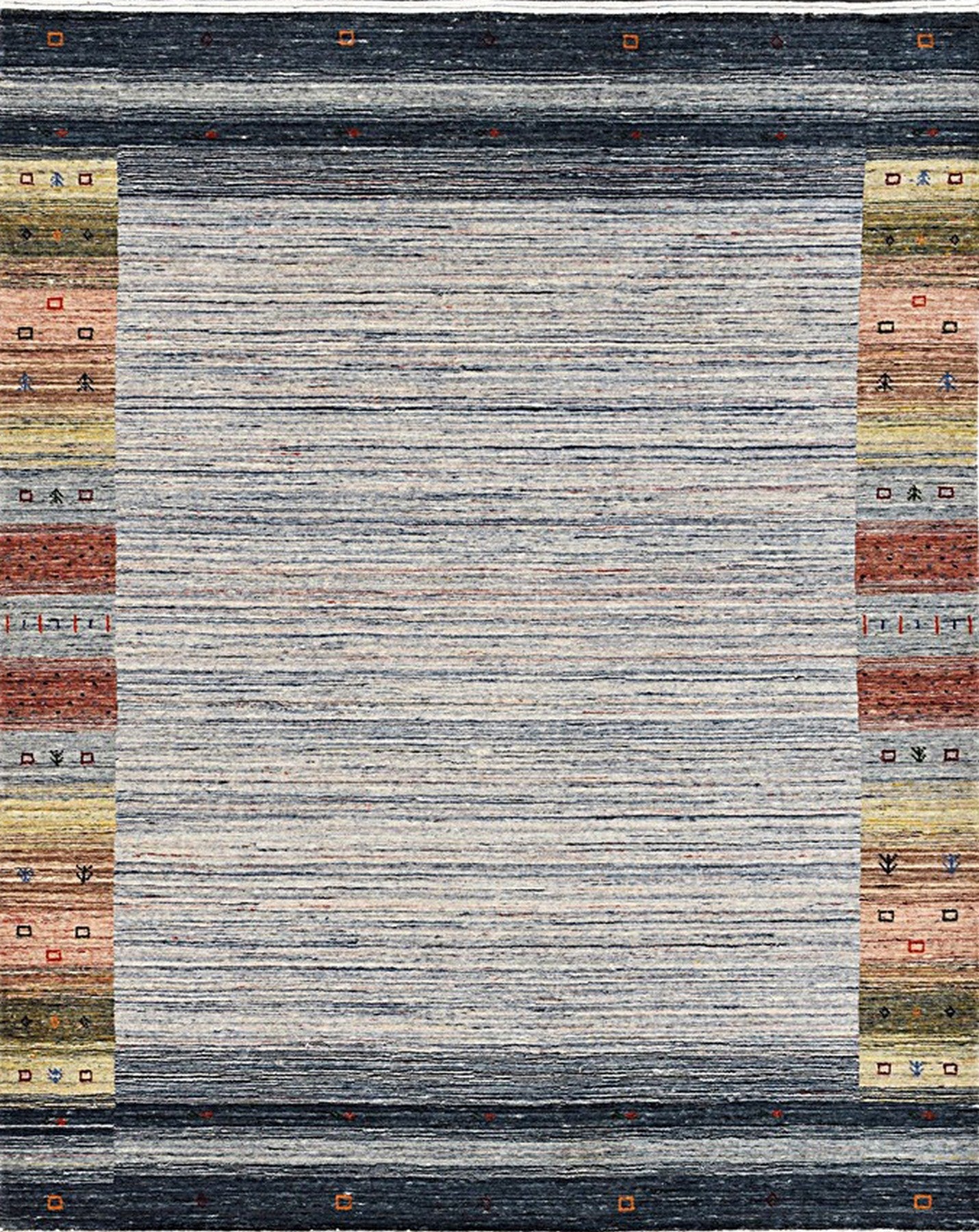 Isolated view of Chic Gabbeh Gray Handmade Wool Rug, showcasing its geometric, minimalist design and subtle texture.