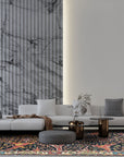 Enchanting Traditional Navy Hand Knotted Wool Rug, navy wool rug featuring a traditional pattern, lies on hardwood flooring with natural light illuminating intricate details.