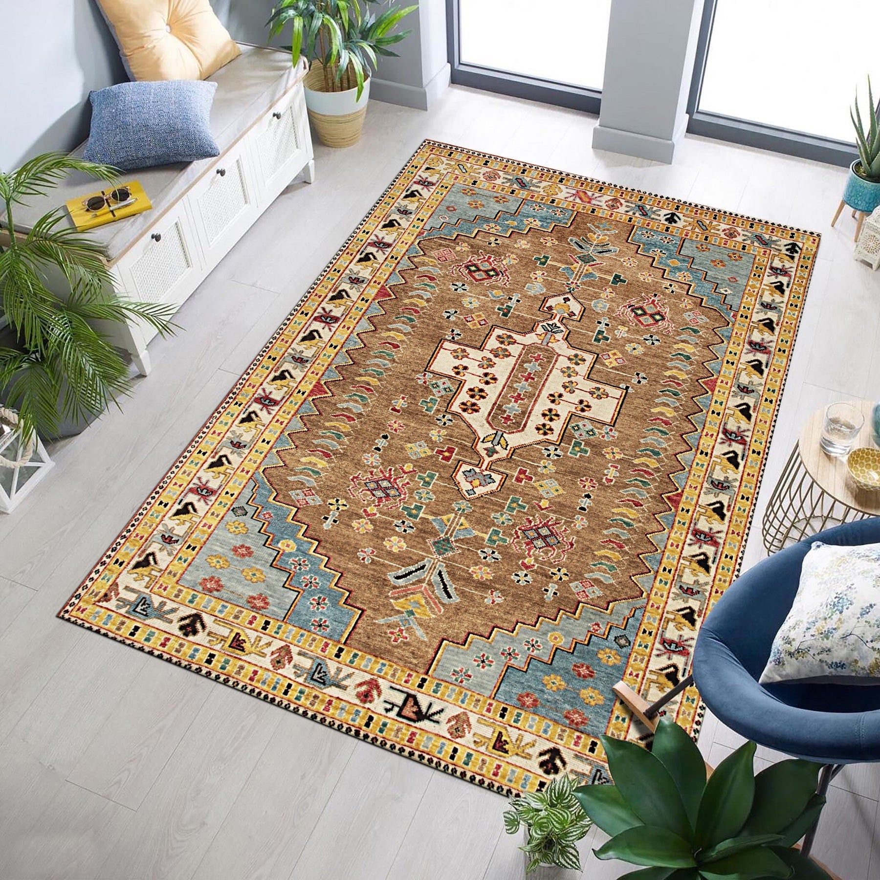 Classic Dazzling Brown Hand Knotted Wool Rug, richly textured and patterned, displayed on a light wood floor, showing its warm brown tones and hand-knotted construction.