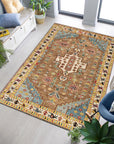 Classic Dazzling Brown Hand Knotted Wool Rug, richly textured and patterned, displayed on a light wood floor, showing its warm brown tones and hand-knotted construction.