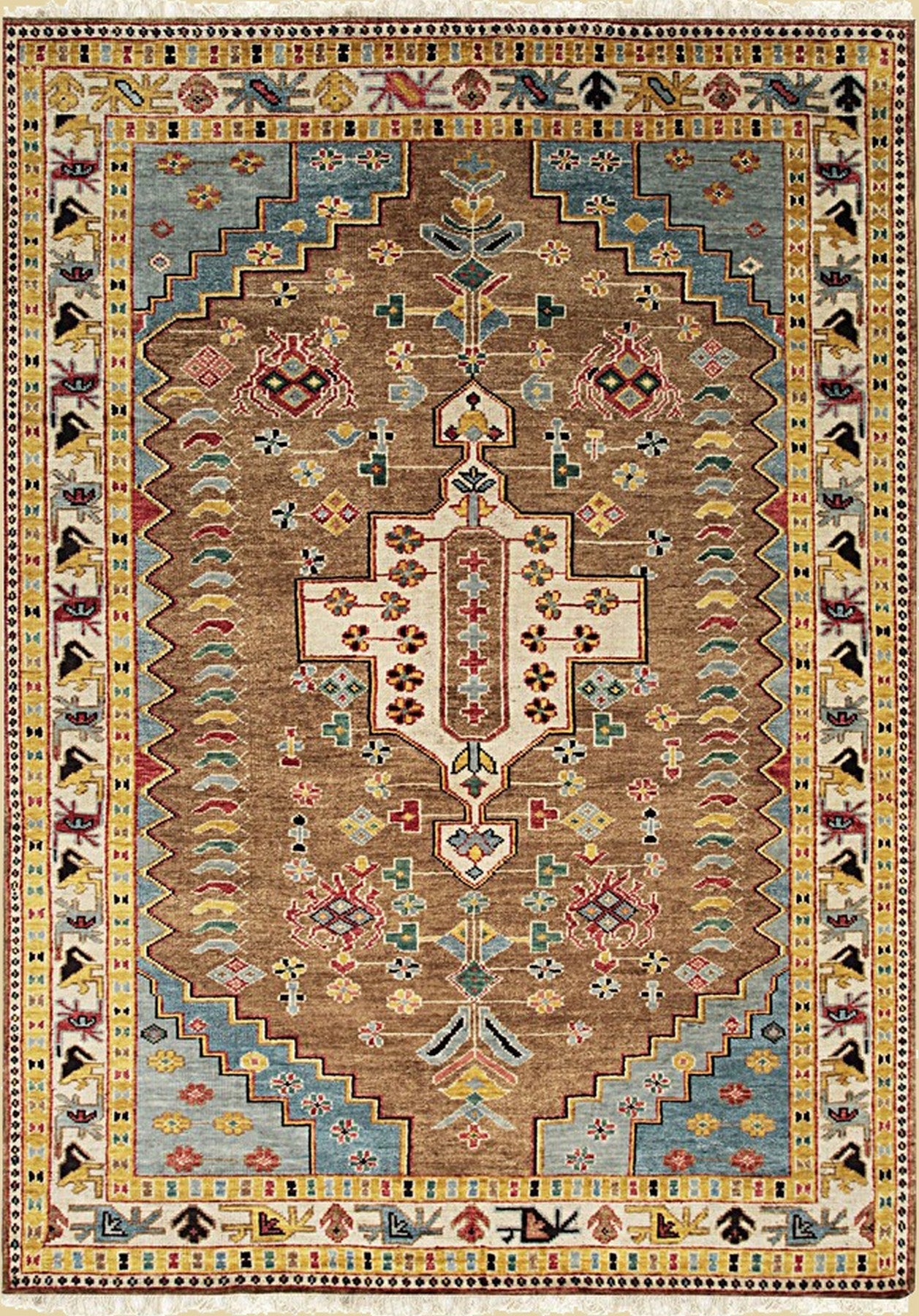 Isolated view of Classic Dazzling Brown Hand Knotted Wool Rug, showcasing its intricate geometric design of interlocking diamonds and stylized floral motifs in shades of brown, cream, and gold.