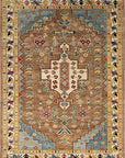 Isolated view of Classic Dazzling Brown Hand Knotted Wool Rug, showcasing its intricate geometric design of interlocking diamonds and stylized floral motifs in shades of brown, cream, and gold.