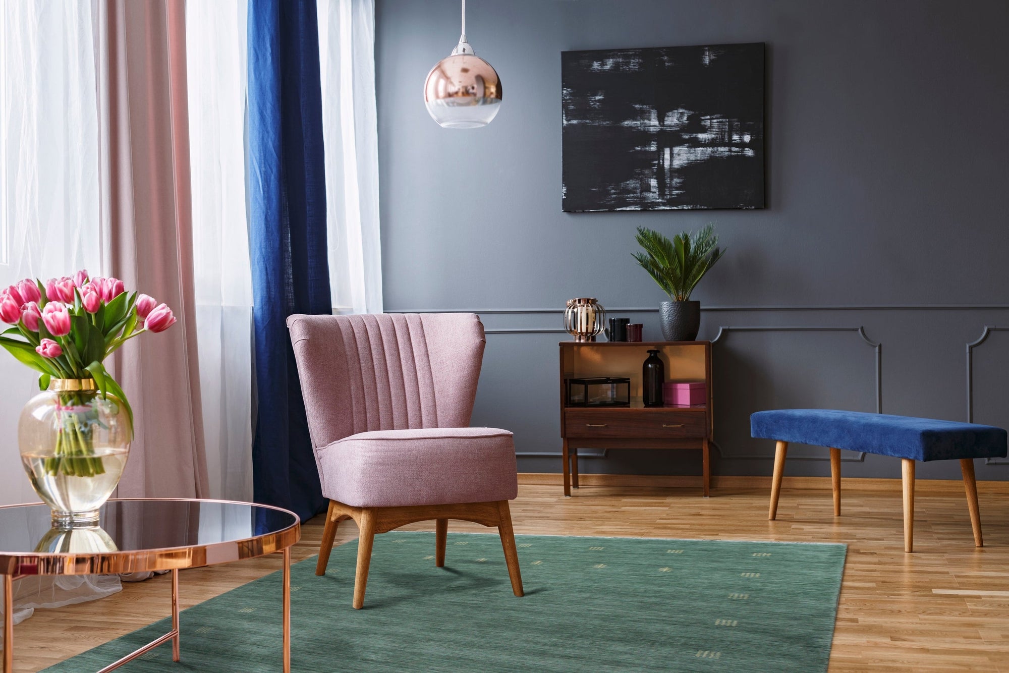 Laine Amara Green Handmade Wool Rug, vibrant green and ivory wool rug with a textured, geometric pattern, lies elegantly in a sunlit living space, complementing modern furniture.