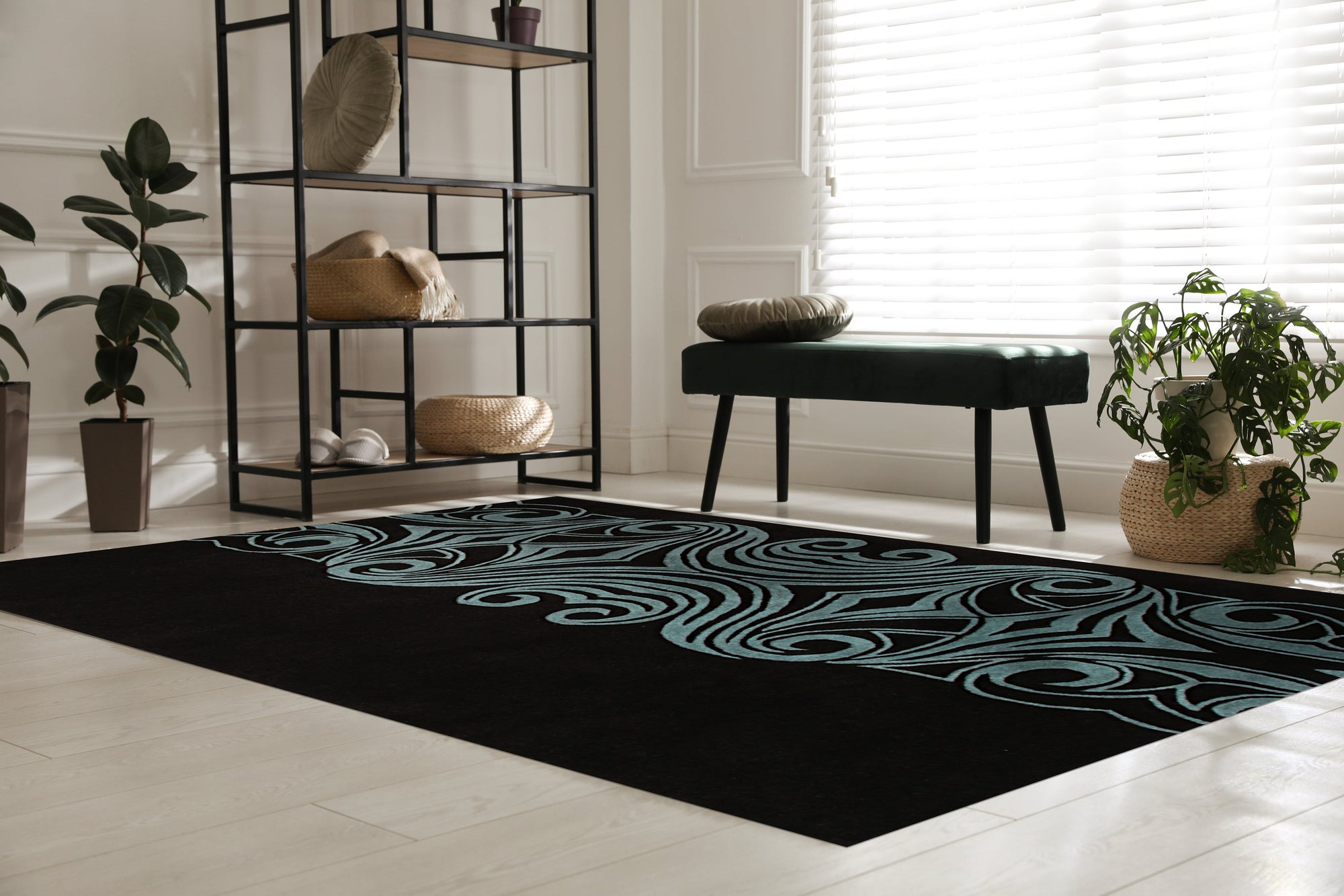 Yara Para Brown Hand Tufted Wool Rug, displaying a geometric pattern in shades of brown, cream, and gray, softening a modern living room with a light wood floor.