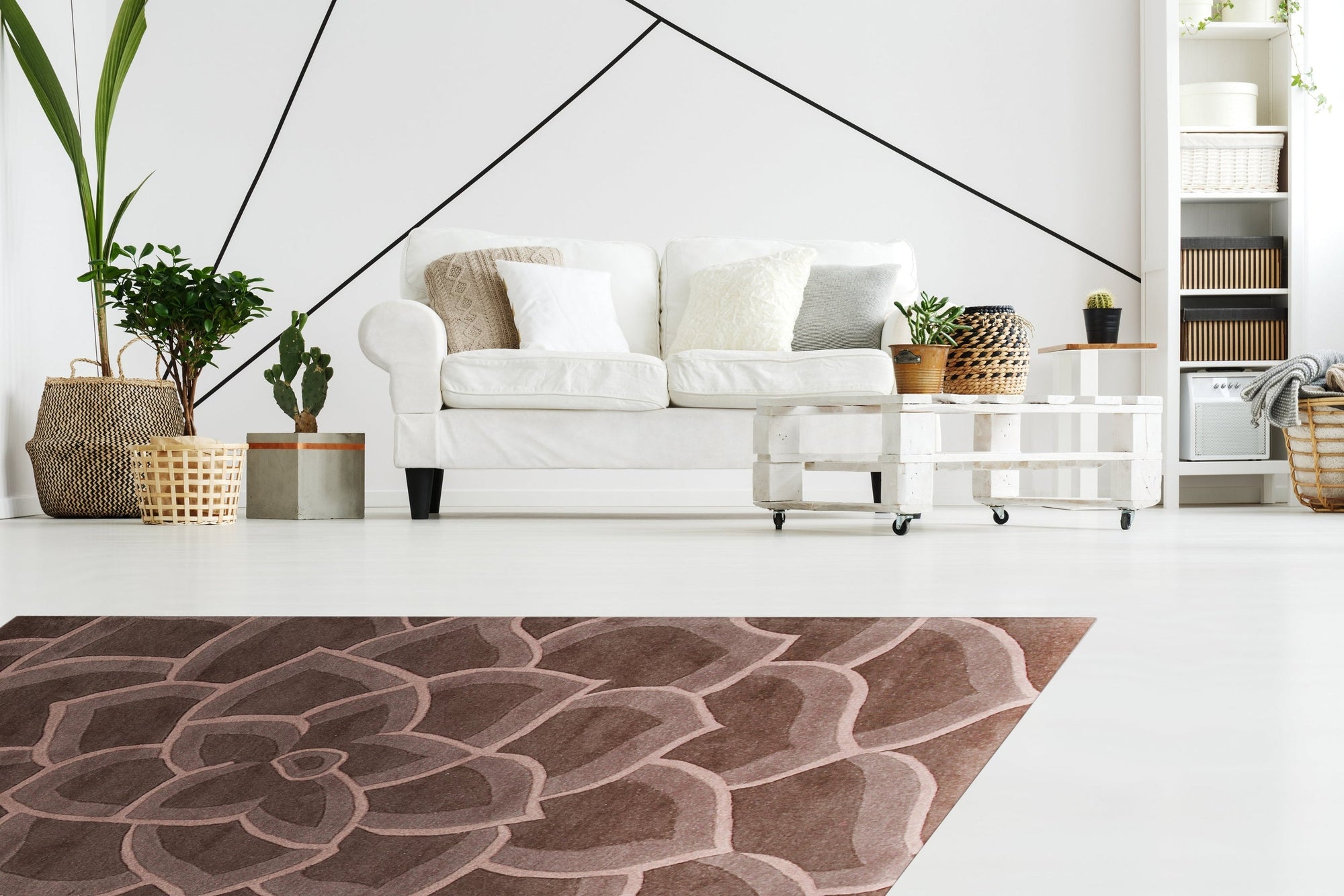 Versatile Kira Brown Hand Tufted Wool Rug, showcasing warm brown tones and hand-tufted texture, subtly complements a modern living space.