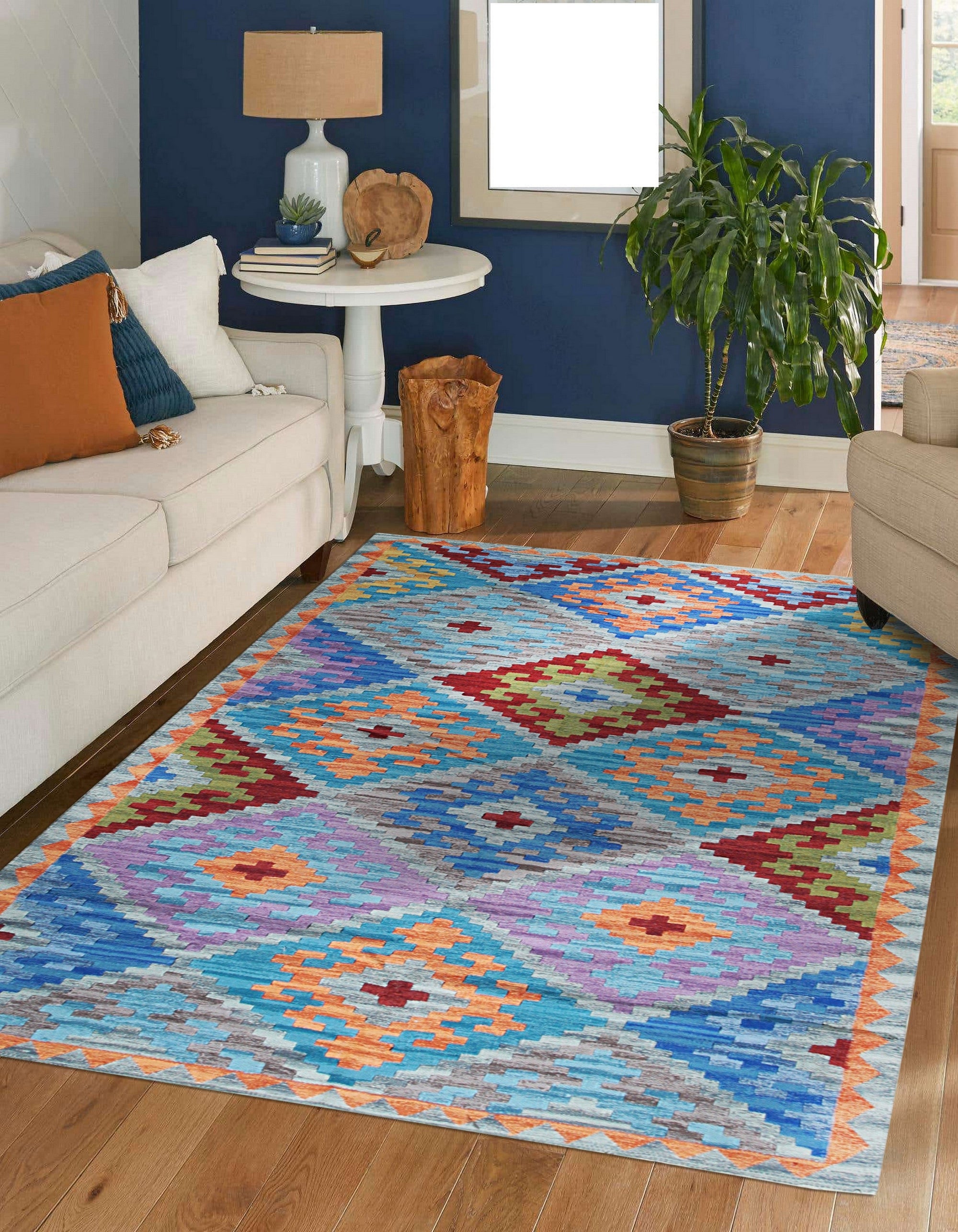 Iris Sophisticated Multicolor Flatweave Wool Rug: vibrant threads intertwine, creating a dynamic textile landscape of layered colors and intricate flatweave construction, casting warmth in a bright living space.
