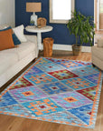 Iris Sophisticated Multicolor Flatweave Wool Rug: vibrant threads intertwine, creating a dynamic textile landscape of layered colors and intricate flatweave construction, casting warmth in a bright living space.
