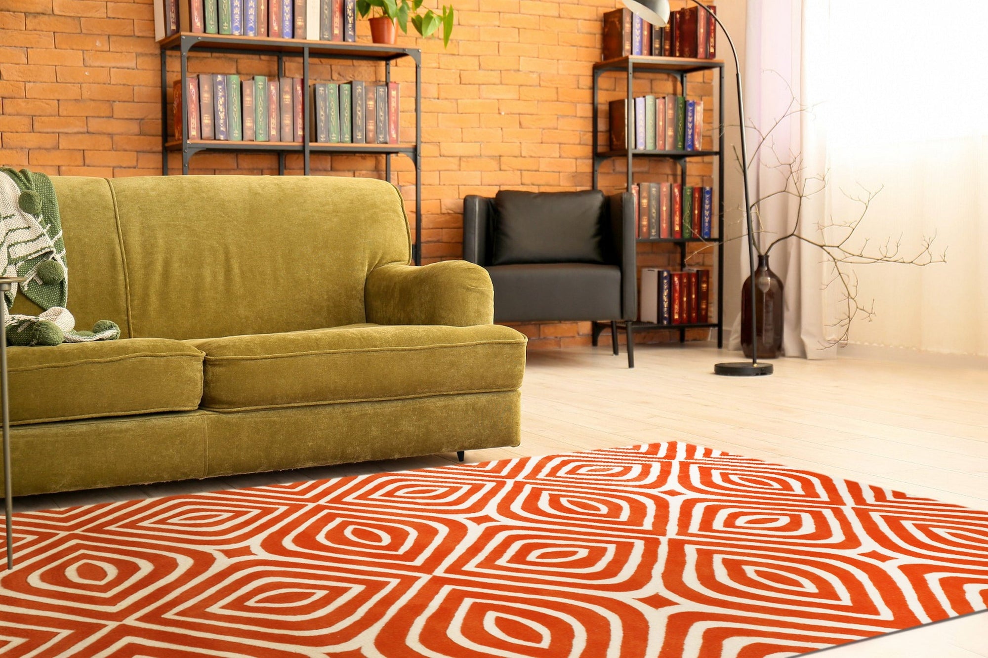 Luxurious Warm Orange Hand Tufted Wool Rug, rich orange pile invitingly textured, partially visible suggesting a cozy and stylish interior.