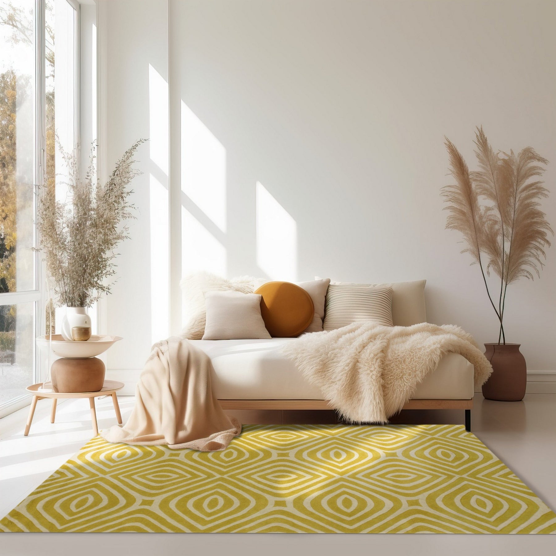 Ruby Para Yellow Hand Tufted Wool Rug, showcasing a vibrant yellow and ruby pattern, lies on a light hardwood floor, its dense wool pile adding warmth and texture to the bright, airy room.