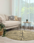 Sleek Graceful Multicolor Hand Tufted Wool Rug displayed on a light wood floor. The rug features a blend of grey, blue, and beige tones in an abstract, flowing pattern, highlighting its hand-tufted wool construction and modern aesthetic.