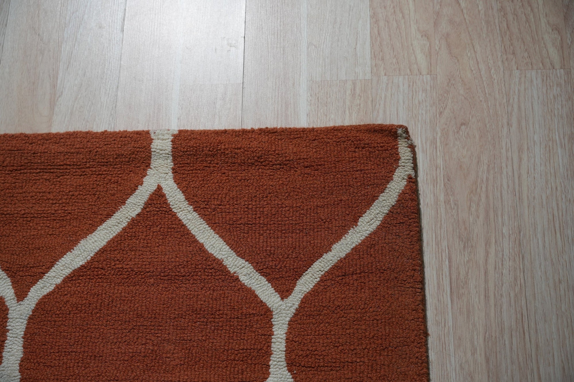 Maya Rustic Orange Hand Tufted Wool Rug, blending warm orange hues in a hand-tufted wool construction, displayed in a room setting, hinting at inviting comfort and rustic charm.