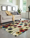 Modern Isla Multicolor Hand Tufted Wool Rug in a bright living room setting. Multicolored geometric patterns dance across the hand-tufted wool, adding a vibrant, modern touch to the space.
