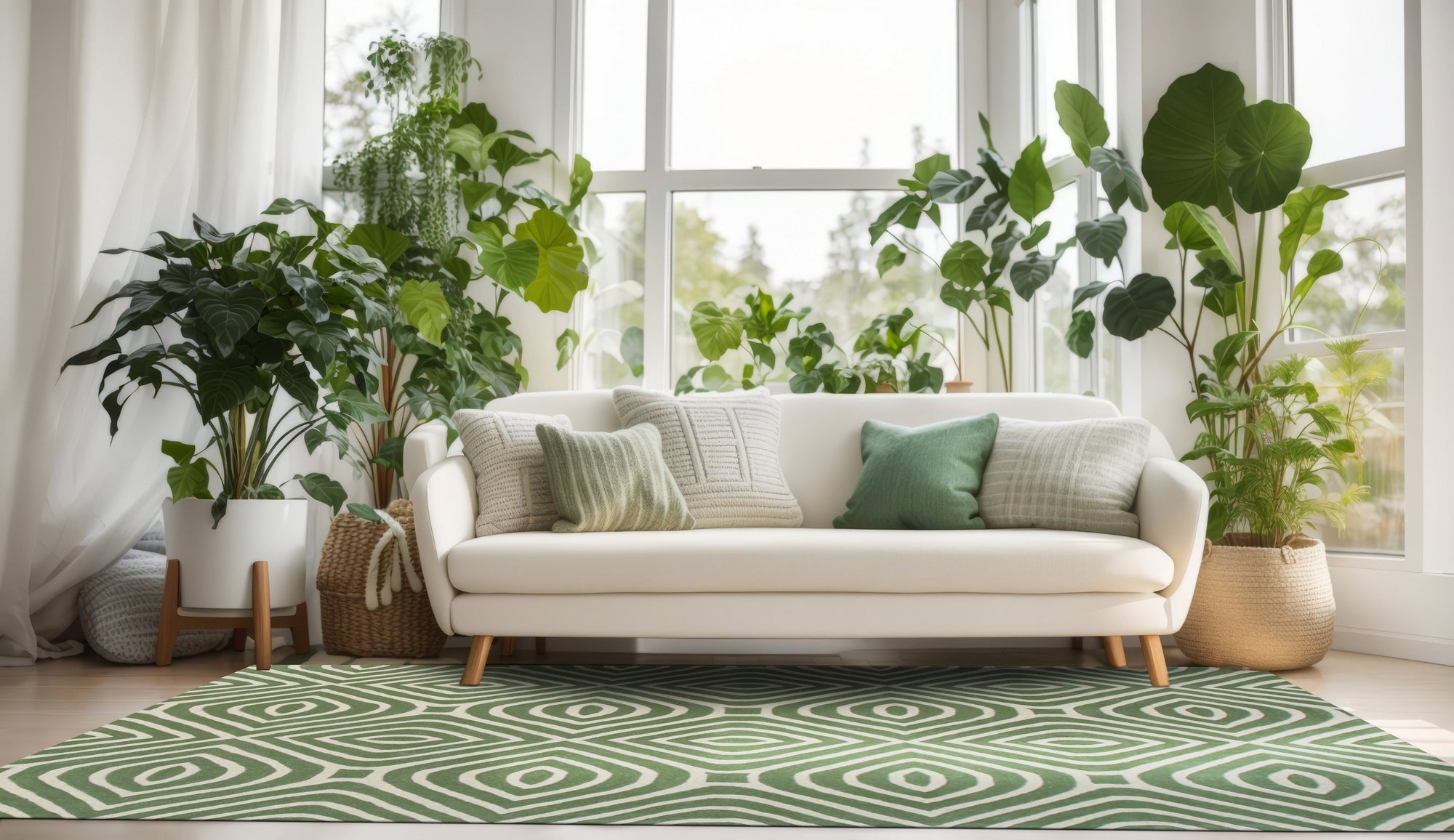 Radiant Amara Green Hand Tufted Wool Rug, showcasing a vibrant green hue and plush texture, lying elegantly on a light wooden floor, adding warmth and color to the room.