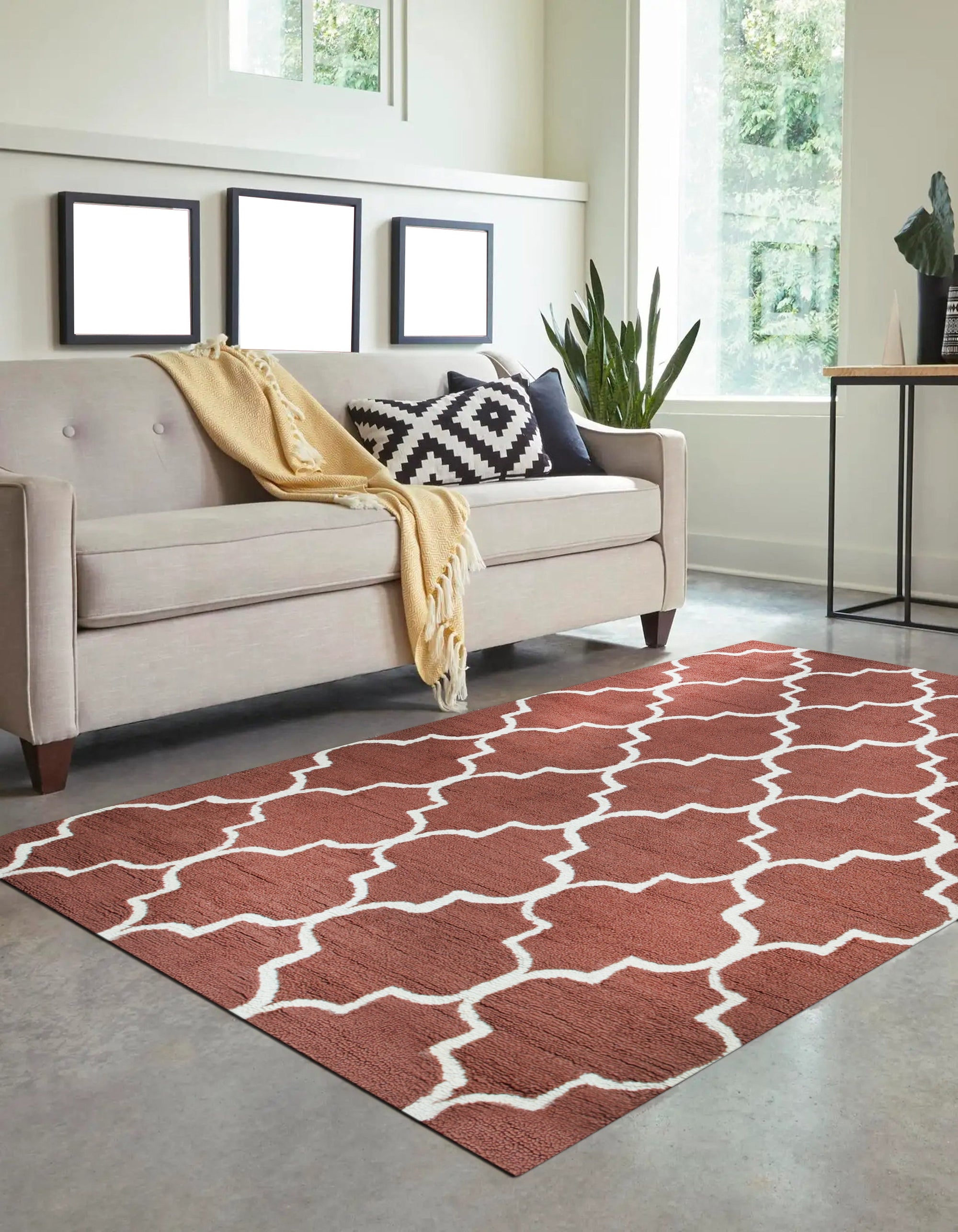 Trendy Moroccan Rust Hand Tufted Wool Rug, showcasing warm rust tones and intricate geometric patterns under soft, diffused light.