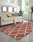 Trendy Moroccan Rust Hand Tufted Wool Rug, showcasing warm rust tones and intricate geometric patterns under soft, diffused light.