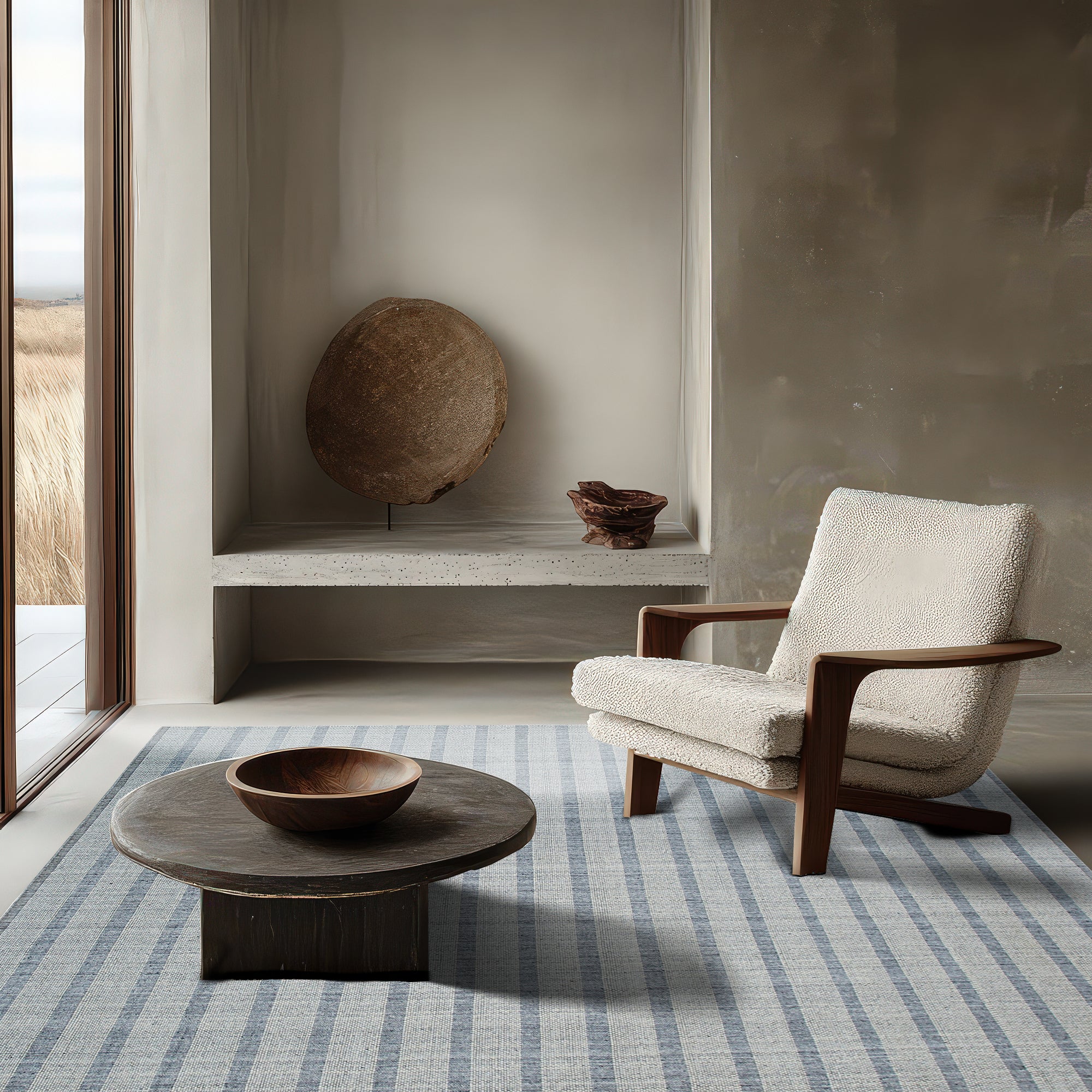 Luxurious Timeless Gray Handmade Wool Rug, its textured wool pile inviting touch, drapes elegantly in a brightly lit, contemporary living room. Light plays across subtle tonal variations within the gray wool, hinting at the rug's handcrafted construction.