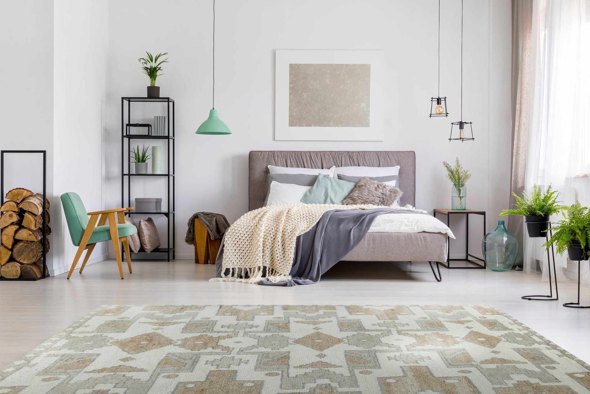 Inviting Oushak Ivory Hand Knotted Wool Rug, soft ivory wool texture and subtle floral patterns visible in a detailed close-up showcasing its hand-knotted construction.