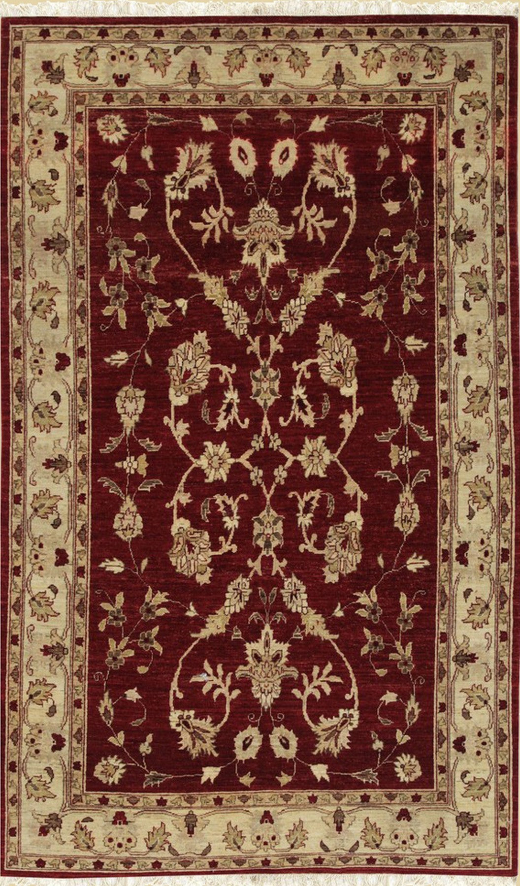 Isolated view of Rustic Agra Red Hand Knotted Wool Rug, showcasing its intricate geometric pattern and rich, earthy red tones.
