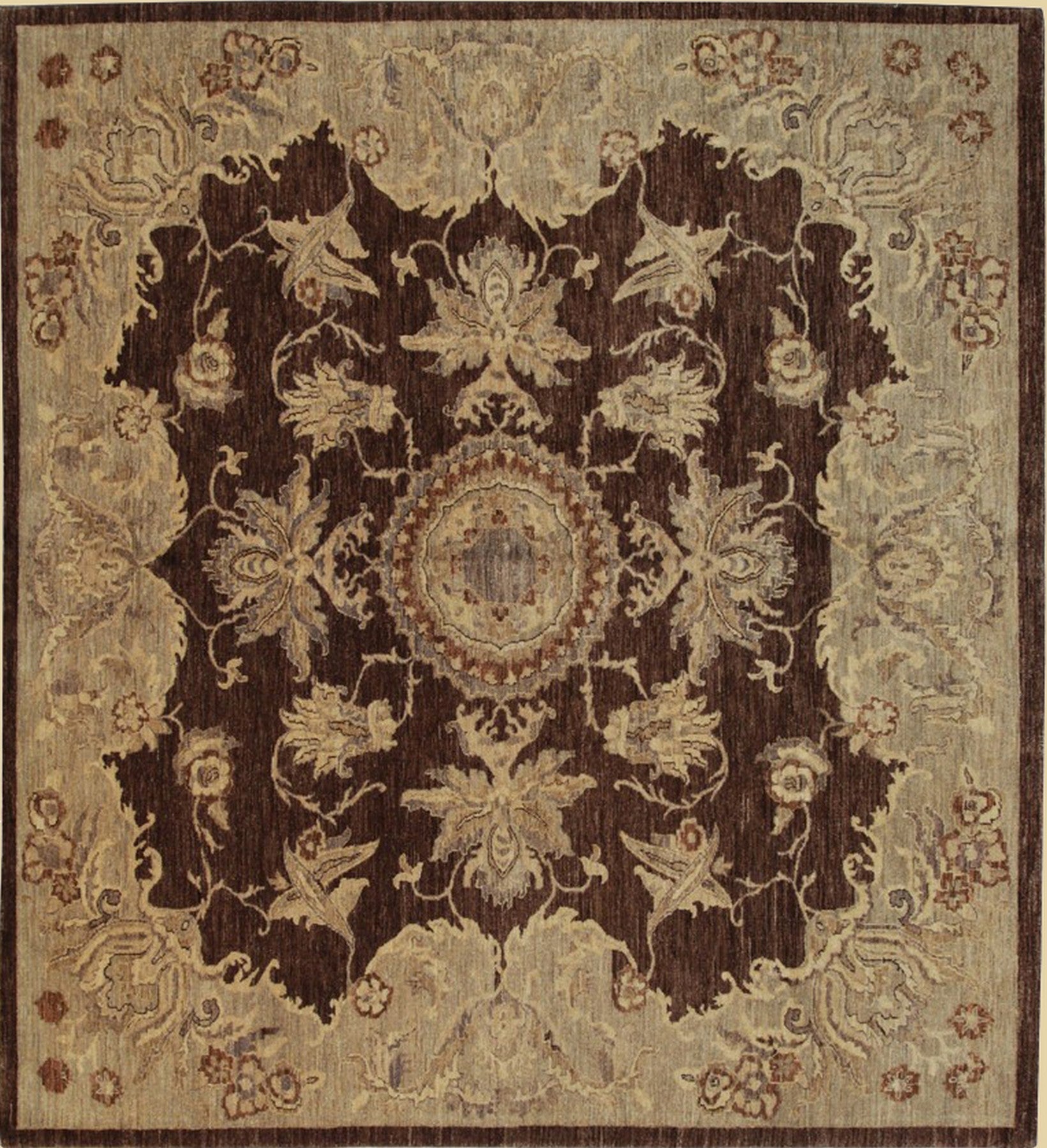 Isolated view of Chic Agra Brown Hand Knotted Wool Rug, showcasing its intricate floral and geometric design in warm browns and creams.