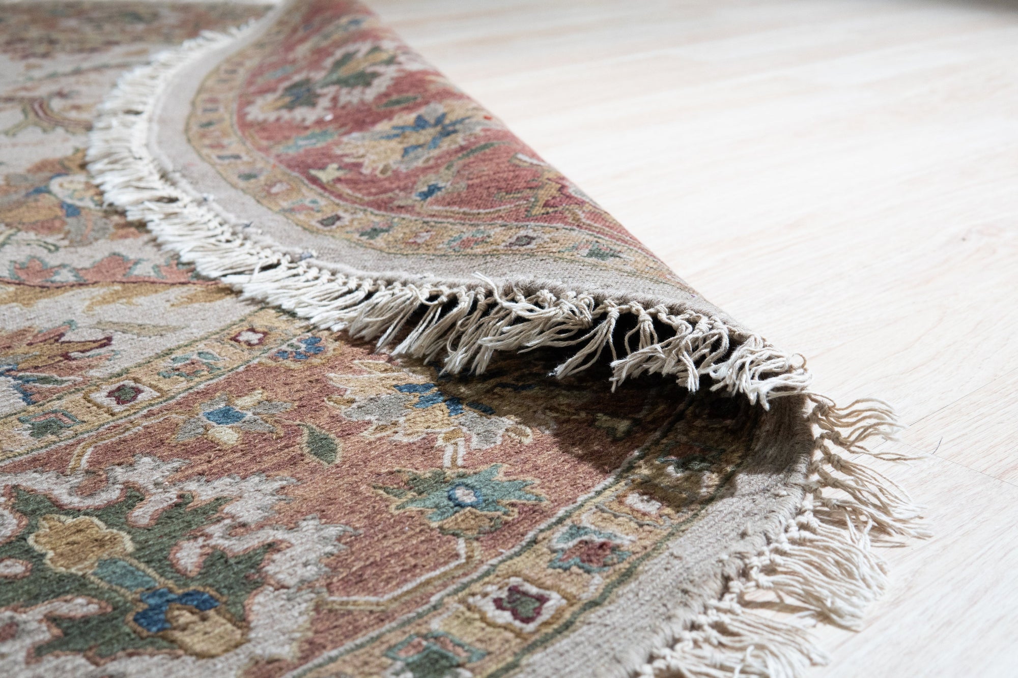 Comfortable Timeless Ivory Hand Knotted Wool Rug displayed in a living room setting, showcasing its soft texture and subtle design.