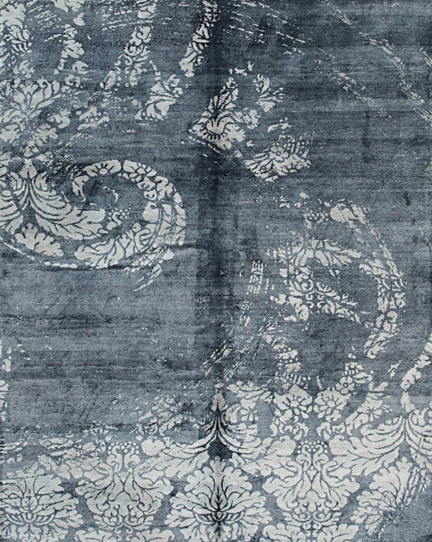 Isolated view of Classic Unique Black Hand Knotted Wool & Bamboo Silk Rug, showcasing its intricate geometric design in contrasting black and subtle sheen of bamboo silk.