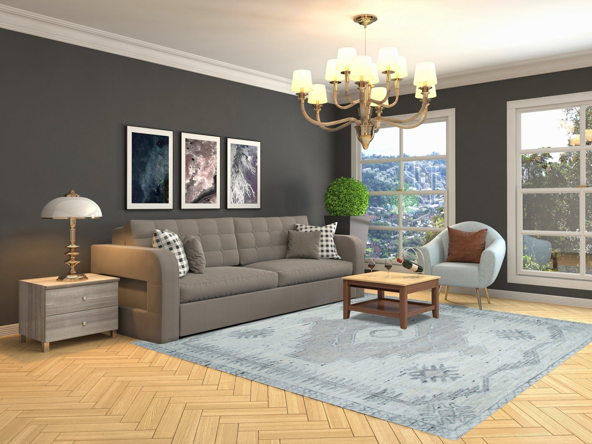 Amara Oushak Ivory Hand Knotted Wool Rug, showcasing intricate floral patterns in soft ivory tones, bringing warmth and texture to a living room setting.