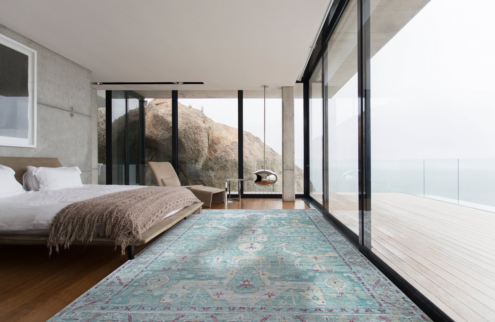 Celia Modern Green Hand Knotted Silk Rug, shimmering under natural light, its lush green silk pile and subtle, contemporary pattern inviting touch and adding refined elegance to the space.