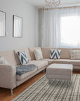 Versatile Ella Silver Handmade Bamboo Silk Rug, its subtle sheen illuminating a modern living room with hardwood floors and mid-century modern furniture.