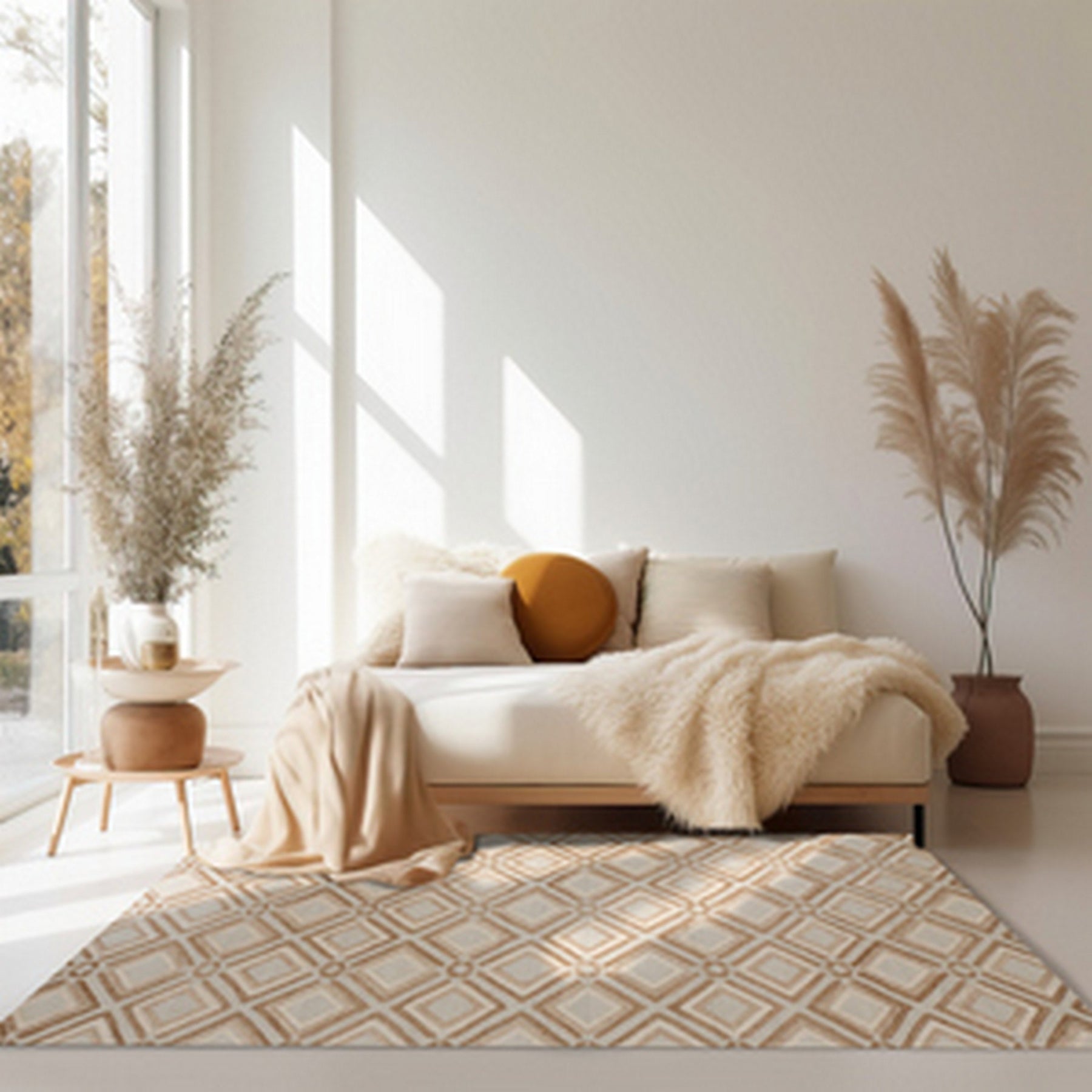 Sumptuous Diamond Brown Hand Knotted Wool Rug, a brown wool rug with a diamond pattern, seen in a bright, neutral interior setting.